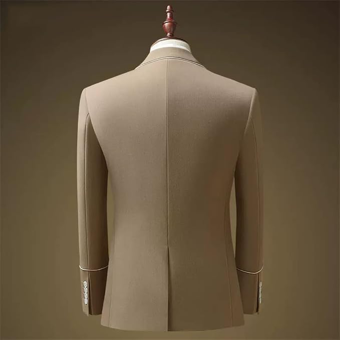 Sharp, British-style formal suit featuring a tailored slim fit. Complete three-piece set perfect for grooms, business casual settings, and professional career wear.