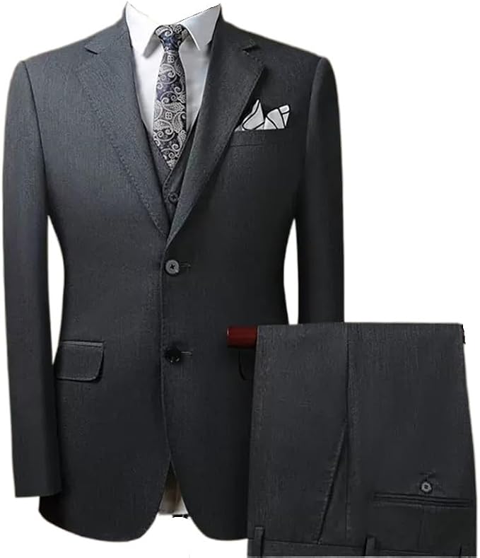 Men's Slim Grey Three-Piece Suit: Sharp, slim-fit business formal suit featuring a lightweight, thin fabric construction.