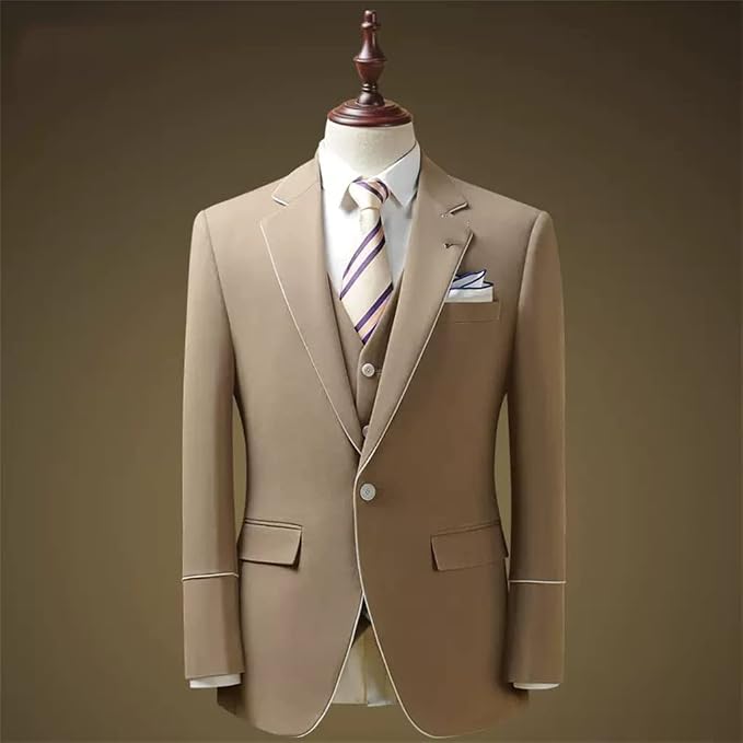 Sharp, British-style formal suit featuring a tailored slim fit. Complete three-piece set perfect for grooms, business casual settings, and professional career wear.