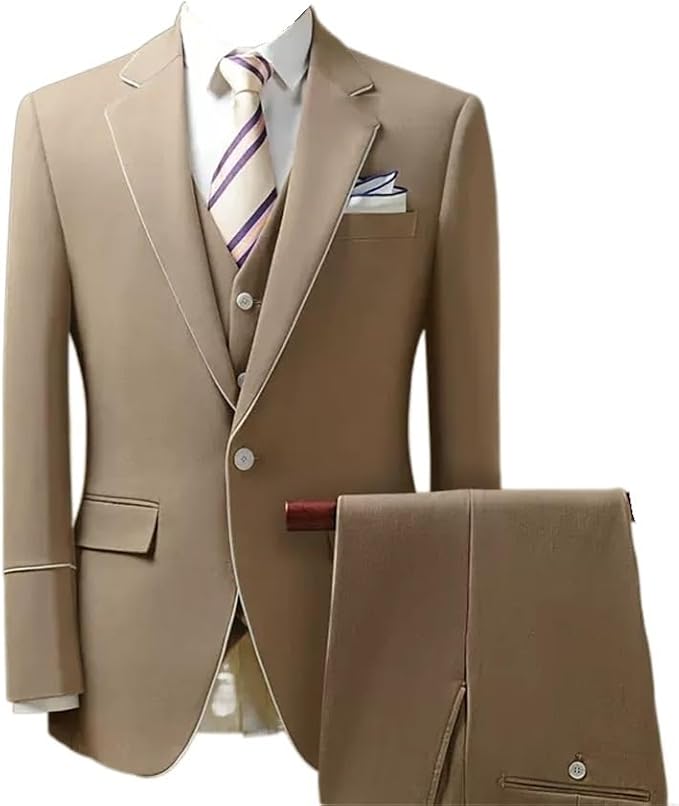 Sharp, British-style formal suit featuring a tailored slim fit. Complete three-piece set perfect for grooms, business casual settings, and professional career wear.