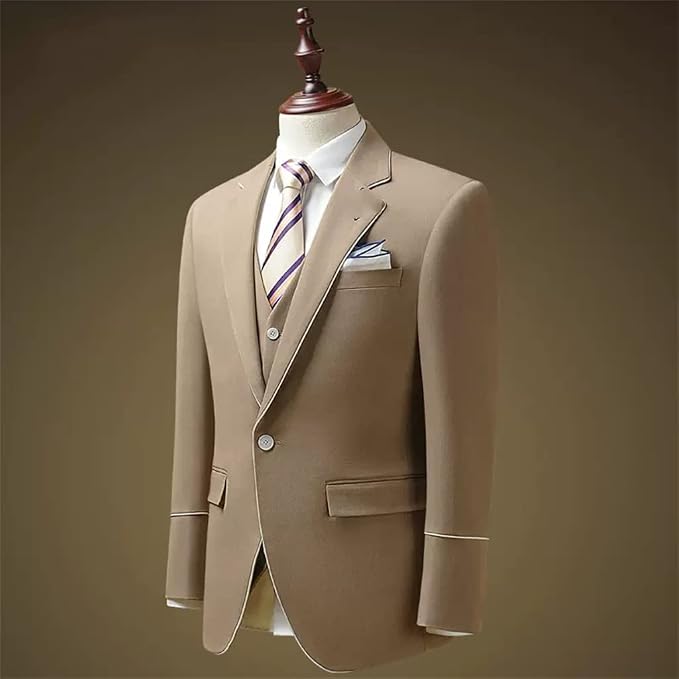 Sharp, British-style formal suit featuring a tailored slim fit. Complete three-piece set perfect for grooms, business casual settings, and professional career wear.
