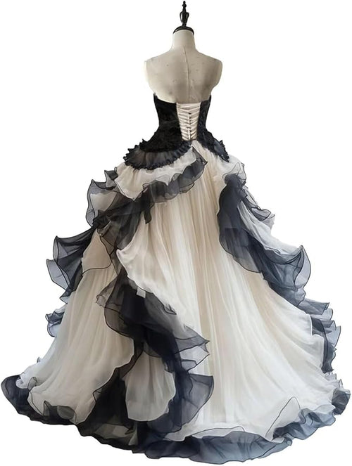 Gothic Organza Ball Gown: Women's formal evening dress featuring dramatic organza ruffles, a classic corset back, and a striking Gothic-inspired party silhouette.