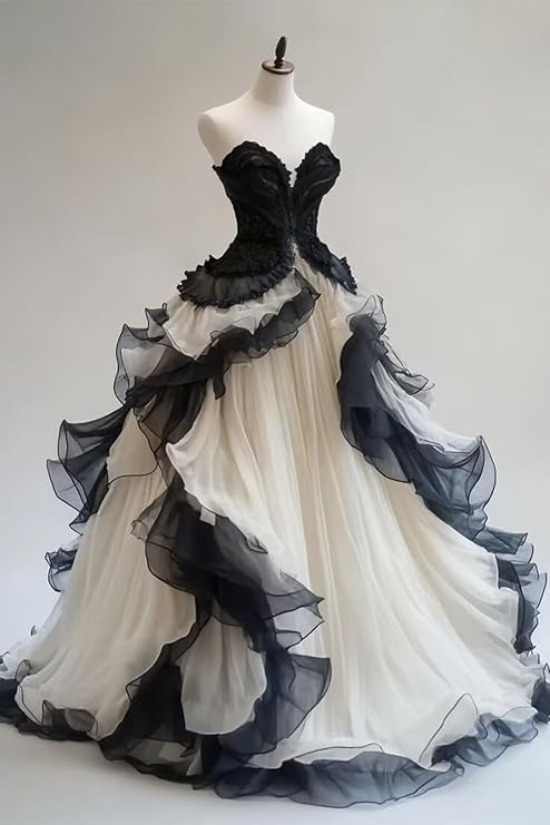 Gothic Organza Ball Gown: Women's formal evening dress featuring dramatic organza ruffles, a classic corset back, and a striking Gothic-inspired party silhouette.