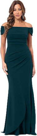 Women's Off-The-Shoulder Gown: Elegant Xscape formal evening dress featuring a sophisticated pleated bodice, dramatic draped detailing, and a sleek, fitted silhouette.