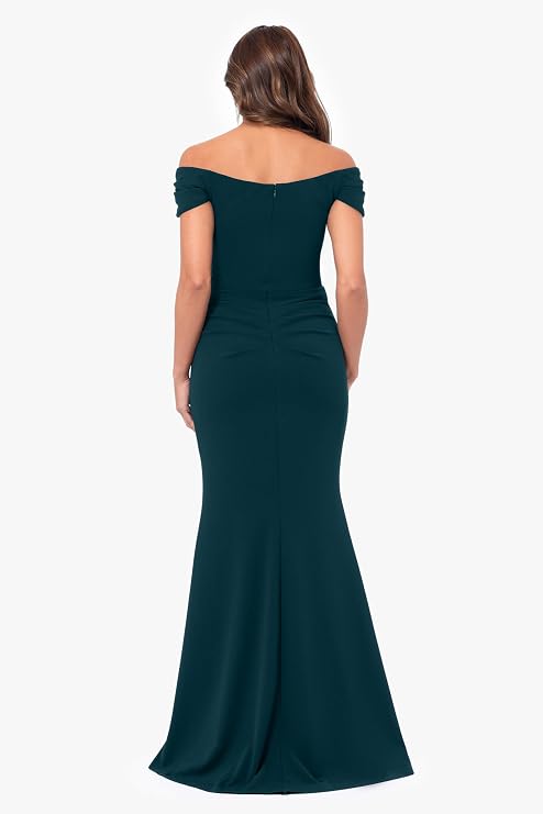 Women's Off-The-Shoulder Gown: Elegant Xscape formal evening dress featuring a sophisticated pleated bodice, dramatic draped detailing, and a sleek, fitted silhouette.