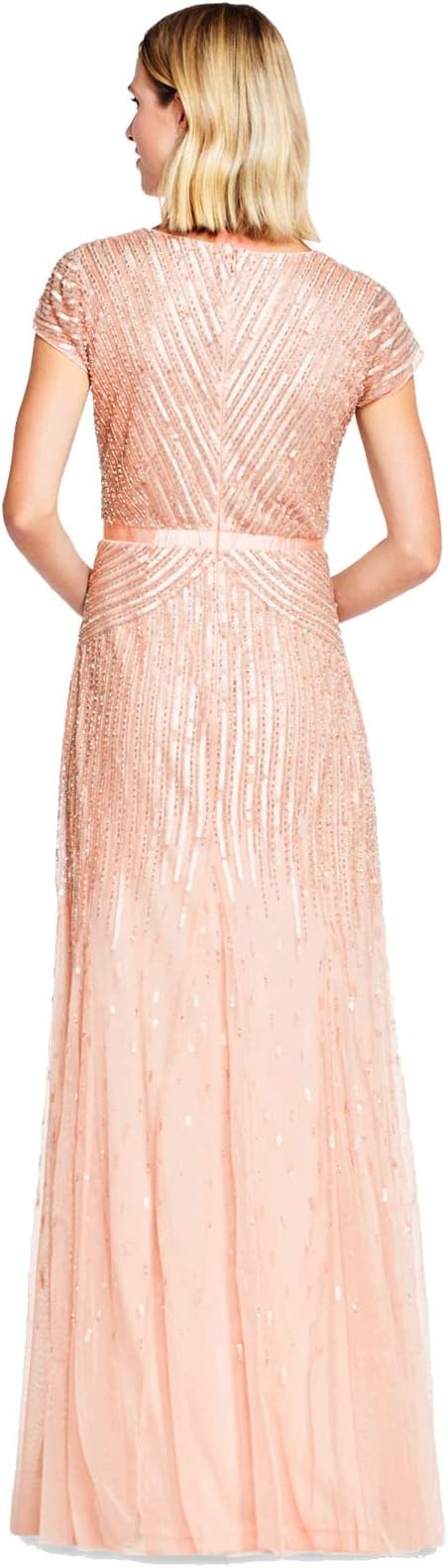 Beaded V-Neck Evening Gown: Women's elegant long formal dress featuring intricate beaded detailing, delicate cap sleeves, and a defined waistband for a flattering silhouette.