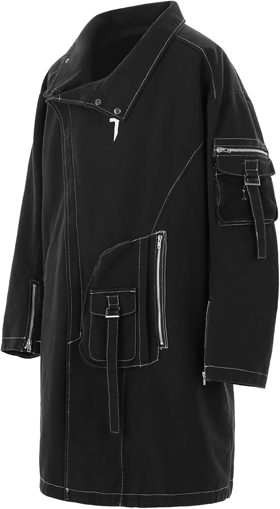 Japanese Techwear Zip-Up Trench: Men's loose-fit streetwear long coat featuring a unique Japanese urban techwear aesthetic and full zip-up functionality for a modern utility look.