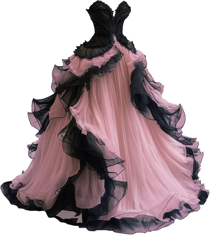 Gothic Organza Ball Gown: Women's formal evening dress featuring dramatic organza ruffles, a classic corset back, and a striking Gothic-inspired party silhouette.