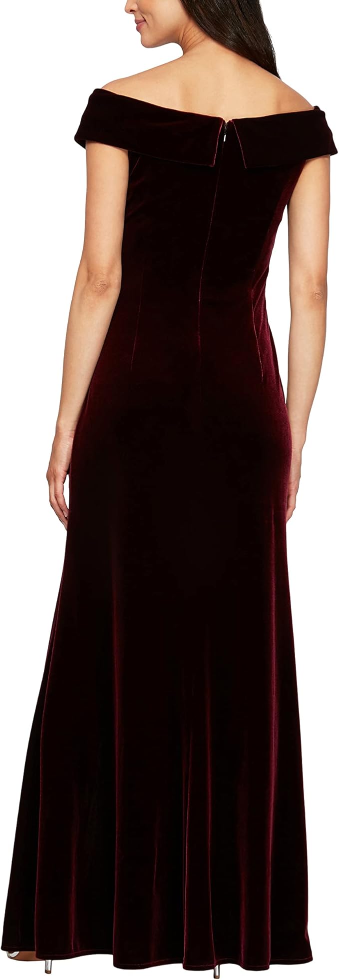 Off-The-Shoulder Velvet Gown: Women's long fit-and-flare holiday dress crafted from elegant velvet. A sophisticated formal gown available in both regular and petite sizes.