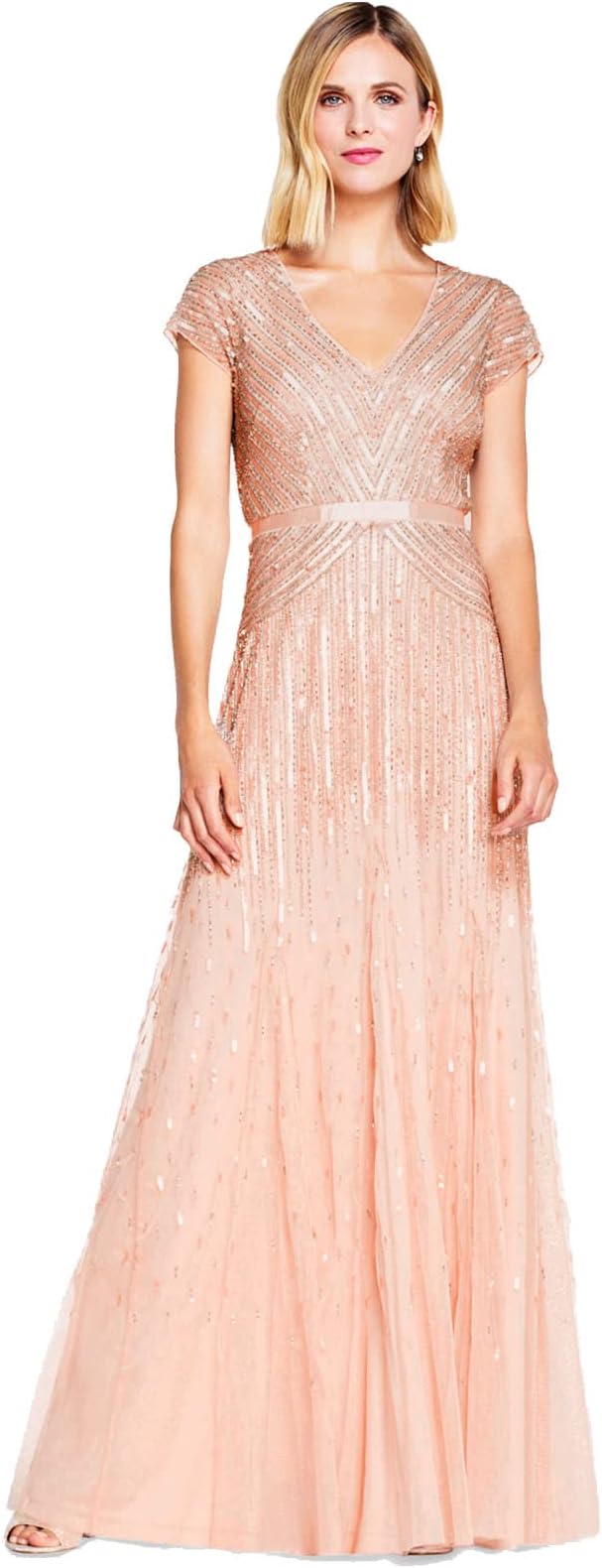 Beaded V-Neck Evening Gown: Women's elegant long formal dress featuring intricate beaded detailing, delicate cap sleeves, and a defined waistband for a flattering silhouette.