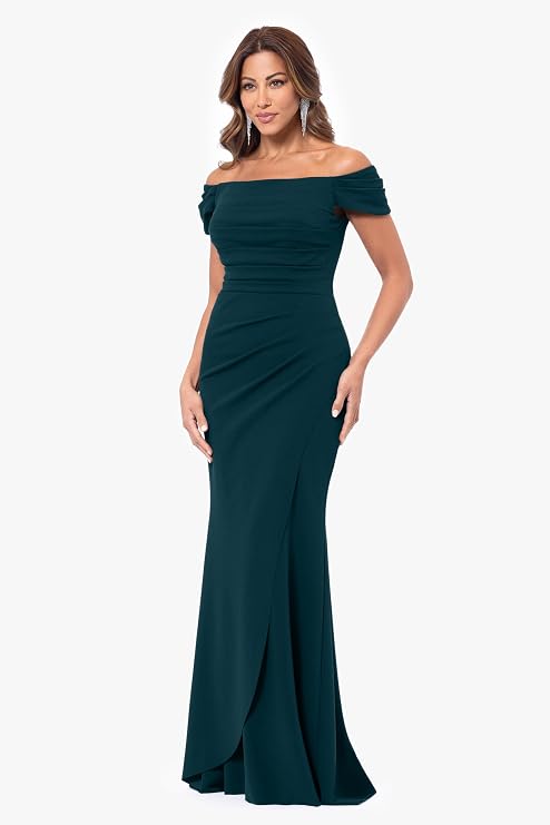 Women's Off-The-Shoulder Gown: Elegant Xscape formal evening dress featuring a sophisticated pleated bodice, dramatic draped detailing, and a sleek, fitted silhouette.