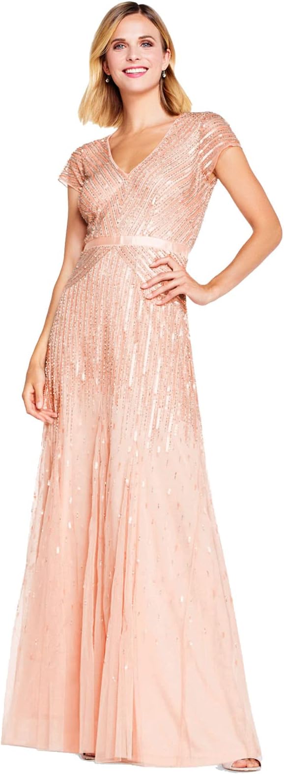 Beaded V-Neck Evening Gown: Women's elegant long formal dress featuring intricate beaded detailing, delicate cap sleeves, and a defined waistband for a flattering silhouette.