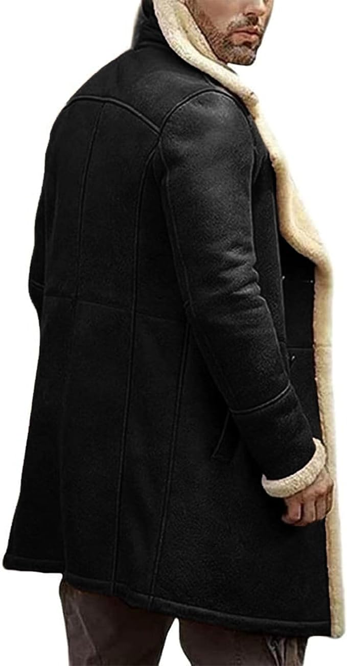 Men's Shearling Aviator Coat: Genuine sheepskin leather B3 bomber and trench coat blend featuring a warm faux fur lining, perfect for rugged winter style.