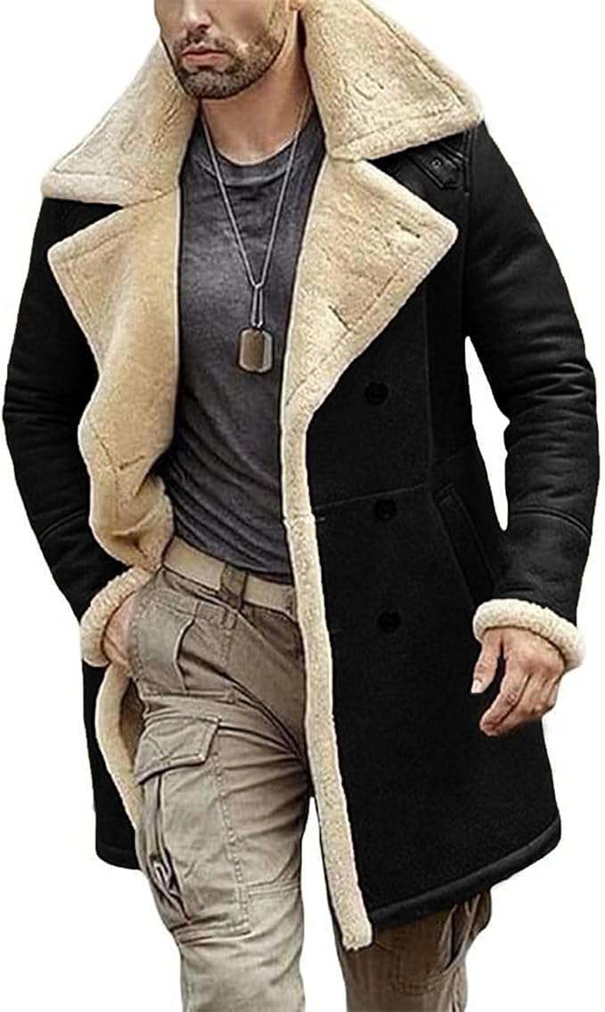 Men's Shearling Aviator Coat: Genuine sheepskin leather B3 bomber and trench coat blend featuring a warm faux fur lining, perfect for rugged winter style.