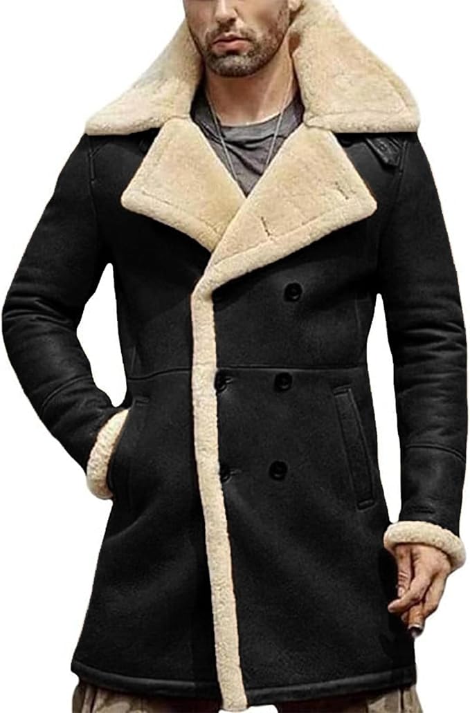 Men's Shearling Aviator Coat: Genuine sheepskin leather B3 bomber and trench coat blend featuring a warm faux fur lining, perfect for rugged winter style.