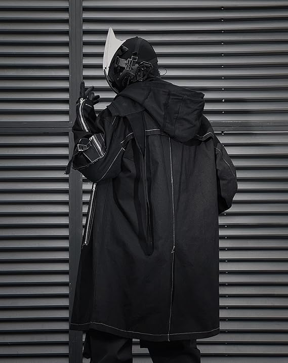 Japanese Techwear Zip-Up Trench: Men's loose-fit streetwear long coat featuring a unique Japanese urban techwear aesthetic and full zip-up functionality for a modern utility look.