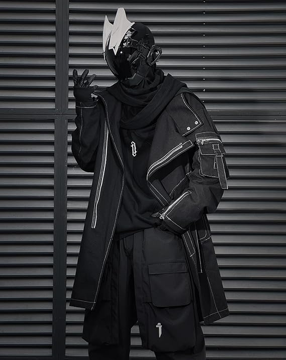 Japanese Techwear Zip-Up Trench: Men's loose-fit streetwear long coat featuring a unique Japanese urban techwear aesthetic and full zip-up functionality for a modern utility look.
