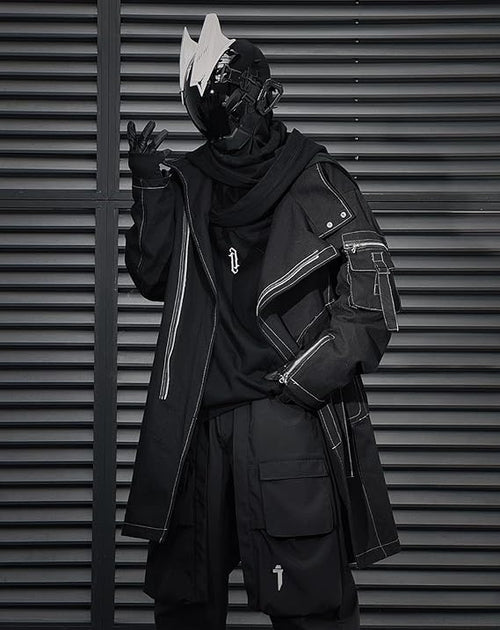 Japanese Techwear Zip-Up Trench: Men's loose-fit streetwear long coat featuring a unique Japanese urban techwear aesthetic and full zip-up functionality for a modern utility look.
