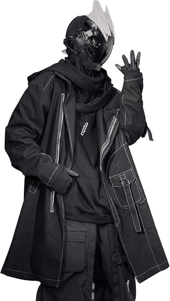 Japanese Techwear Zip-Up Trench: Men's loose-fit streetwear long coat featuring a unique Japanese urban techwear aesthetic and full zip-up functionality for a modern utility look.