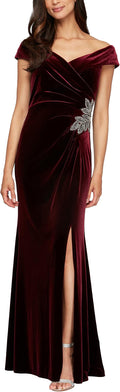 Off-The-Shoulder Velvet Gown: Women's long fit-and-flare holiday dress crafted from elegant velvet. A sophisticated formal gown available in both regular and petite sizes.