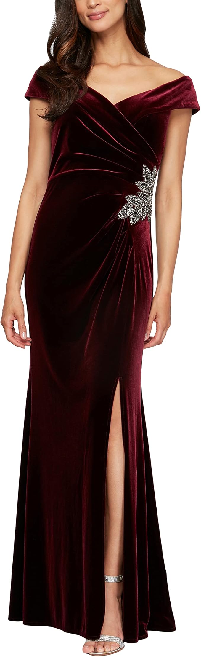 Off-The-Shoulder Velvet Gown: Women's long fit-and-flare holiday dress crafted from elegant velvet. A sophisticated formal gown available in both regular and petite sizes.