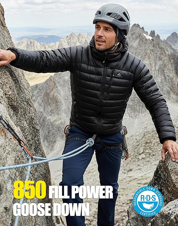 850 Fill Goose Down Jacket: Men's ultra-lightweight, packable hooded puffer coat. Premium 850-fill-power insulation delivers maximum winter warmth in a compact, travel-friendly design.