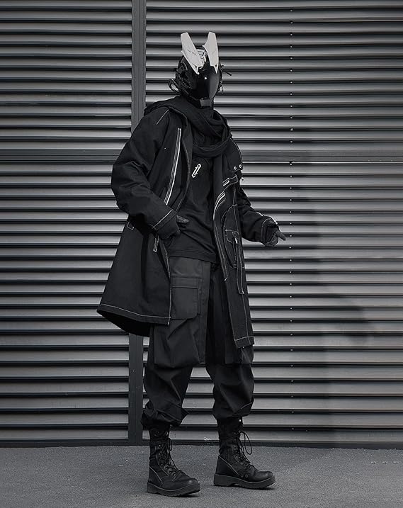 Japanese Techwear Zip-Up Trench: Men's loose-fit streetwear long coat featuring a unique Japanese urban techwear aesthetic and full zip-up functionality for a modern utility look.