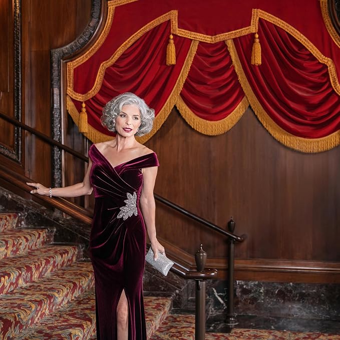 Off-The-Shoulder Velvet Gown: Women's long fit-and-flare holiday dress crafted from elegant velvet. A sophisticated formal gown available in both regular and petite sizes.