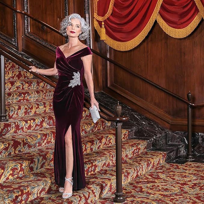Off-The-Shoulder Velvet Gown: Women's long fit-and-flare holiday dress crafted from elegant velvet. A sophisticated formal gown available in both regular and petite sizes.